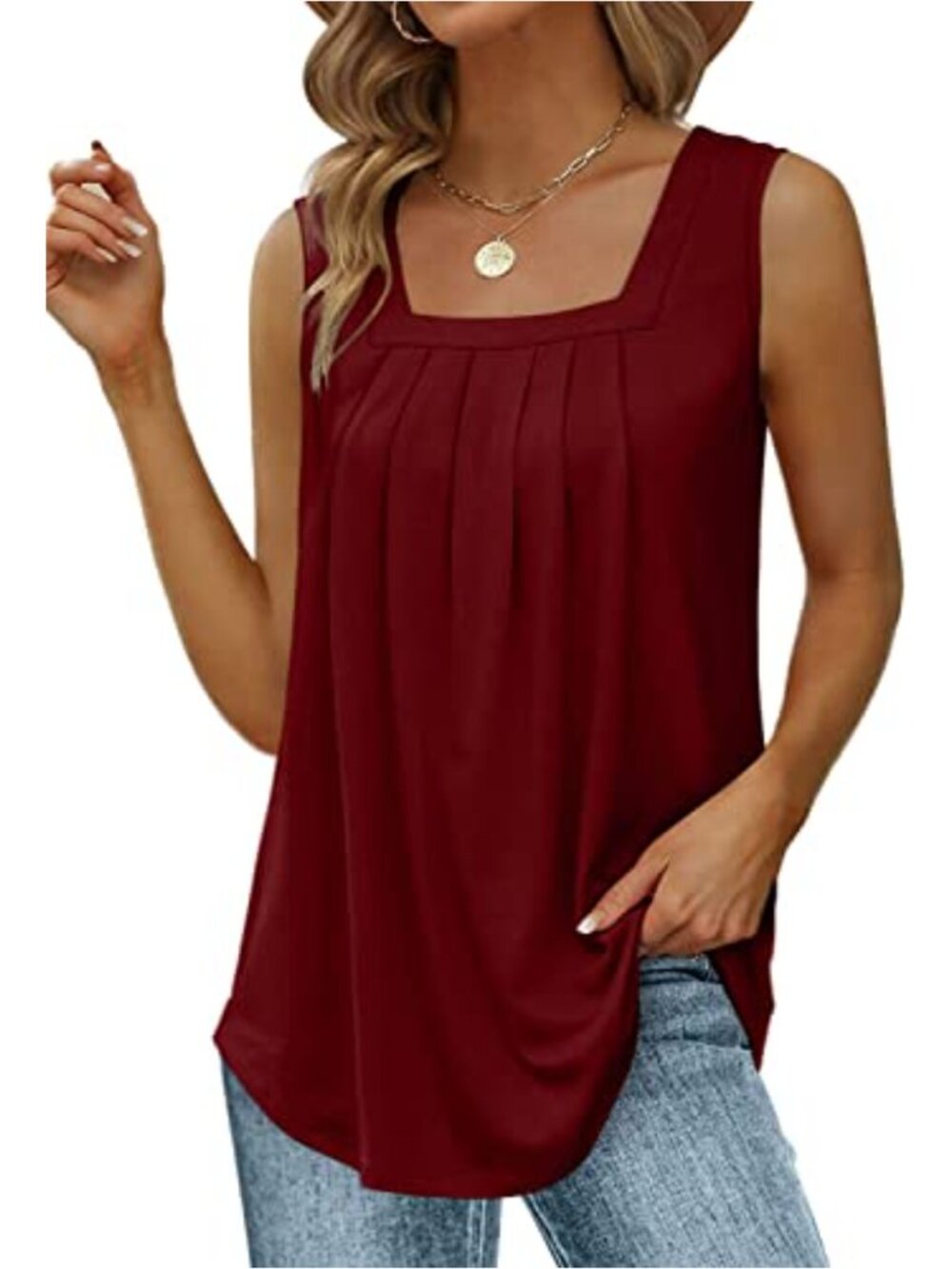 Women's Pleated Square Neck Loose Fit Sleeveless Tank Top Flowy Casual Summer